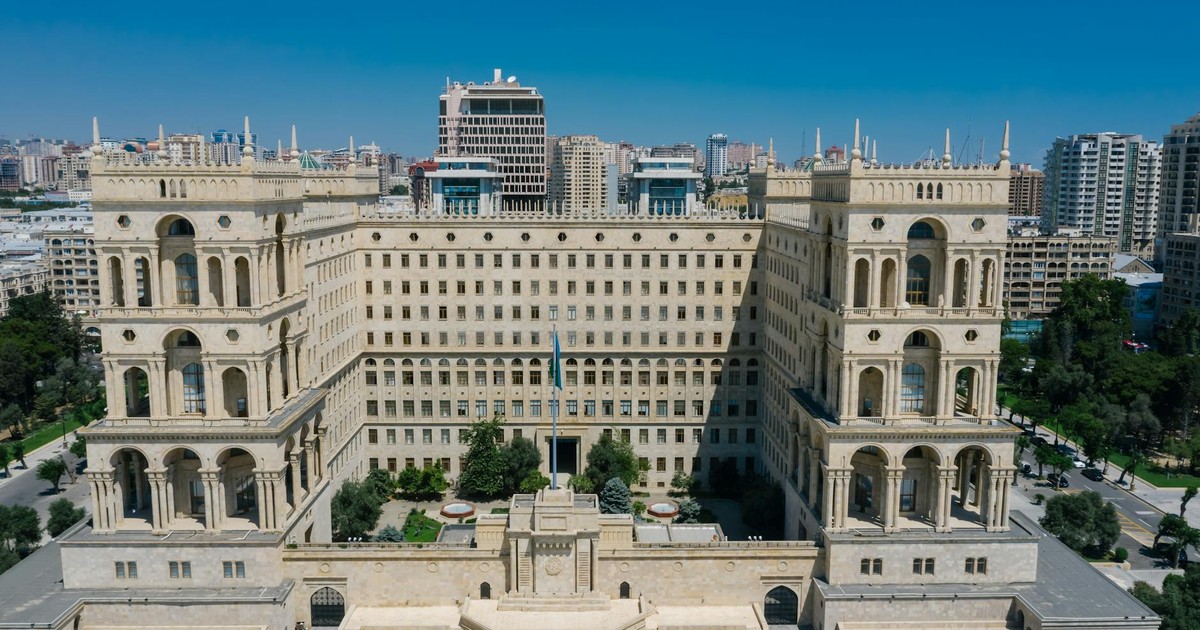 Government buildings in Baku, Azerbaijan at dusk