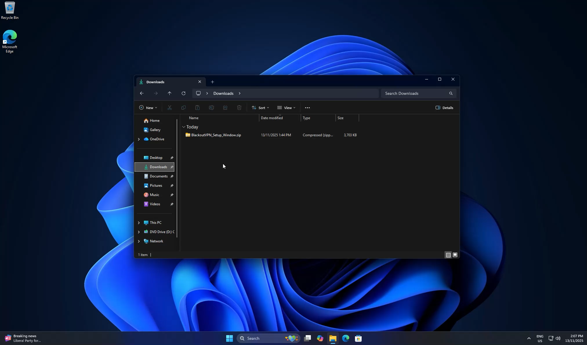 Blackout VPN installer ZIP in the Downloads folder