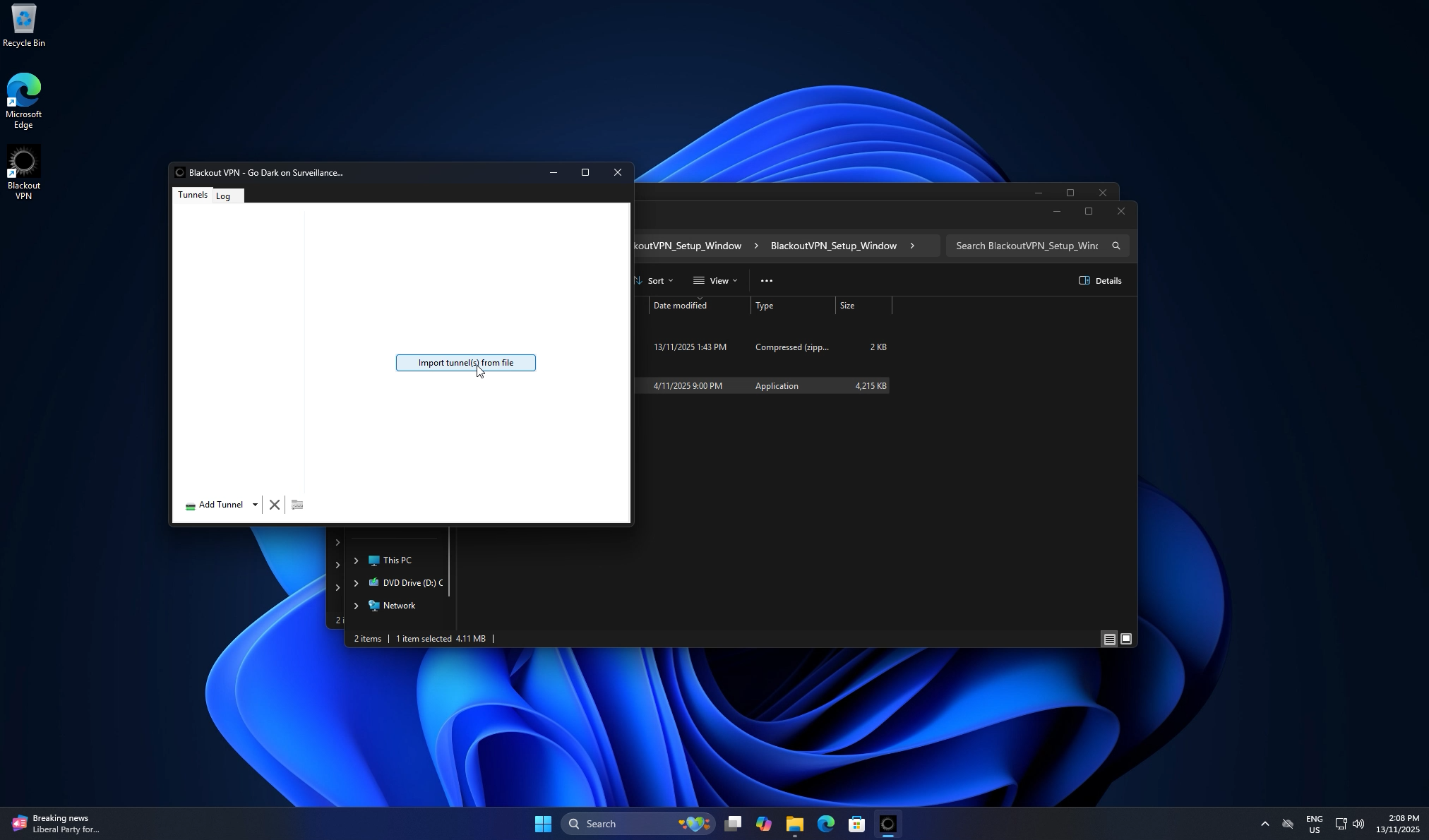 Blackout VPN app showing Import tunnels from file button
