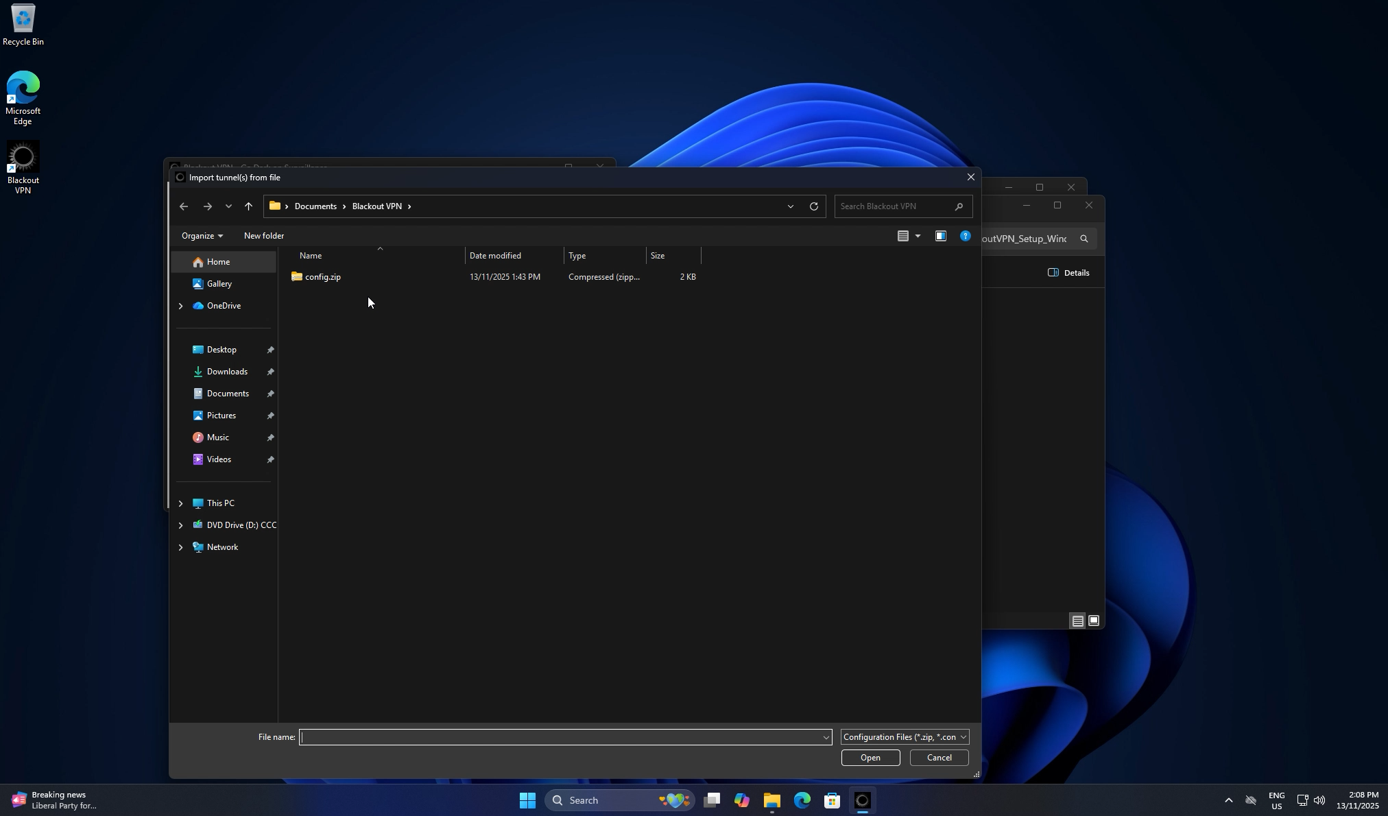 Selecting config.zip in the Blackout VPN folder