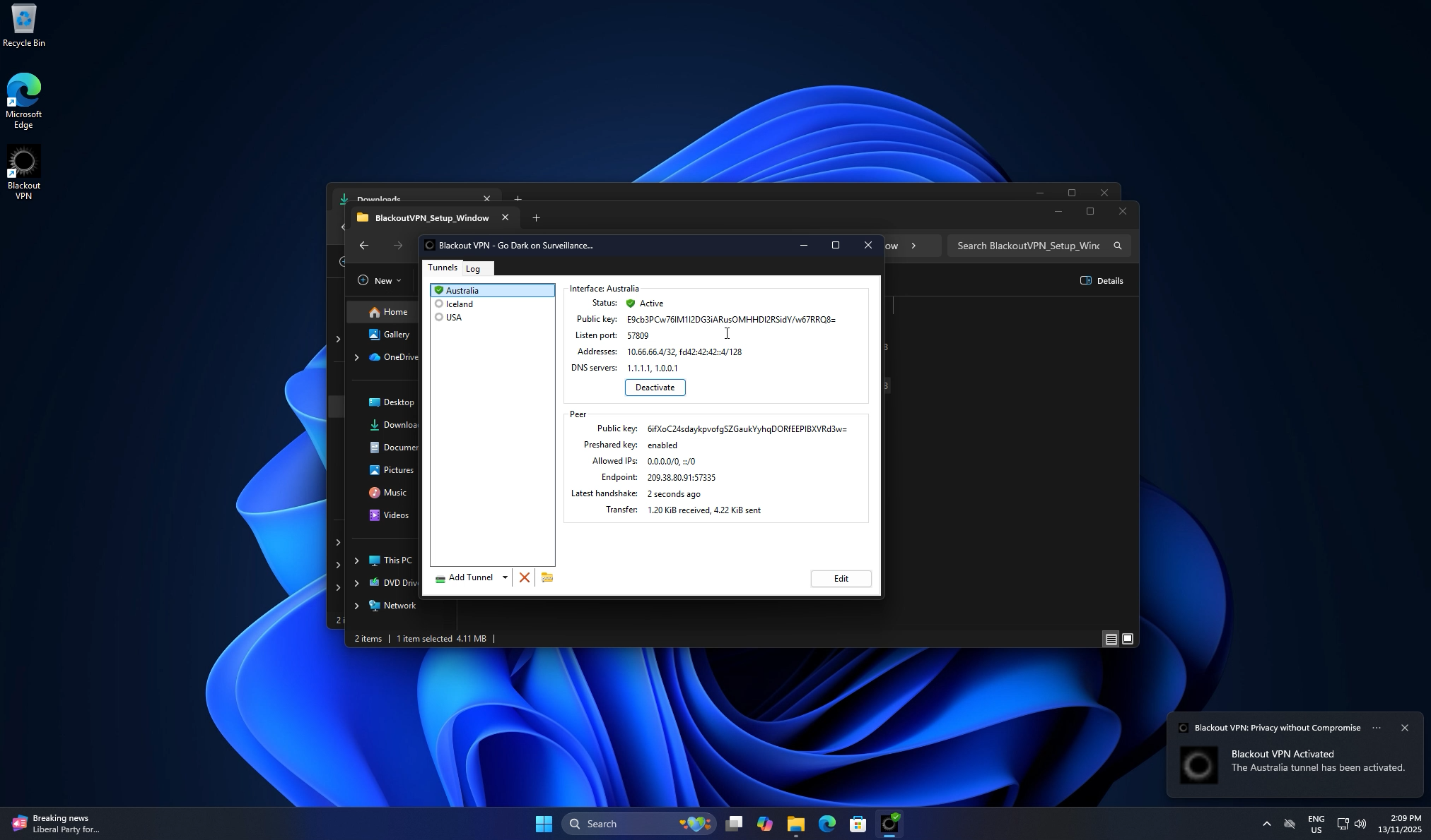 Active Blackout VPN tunnel with confirmation toast