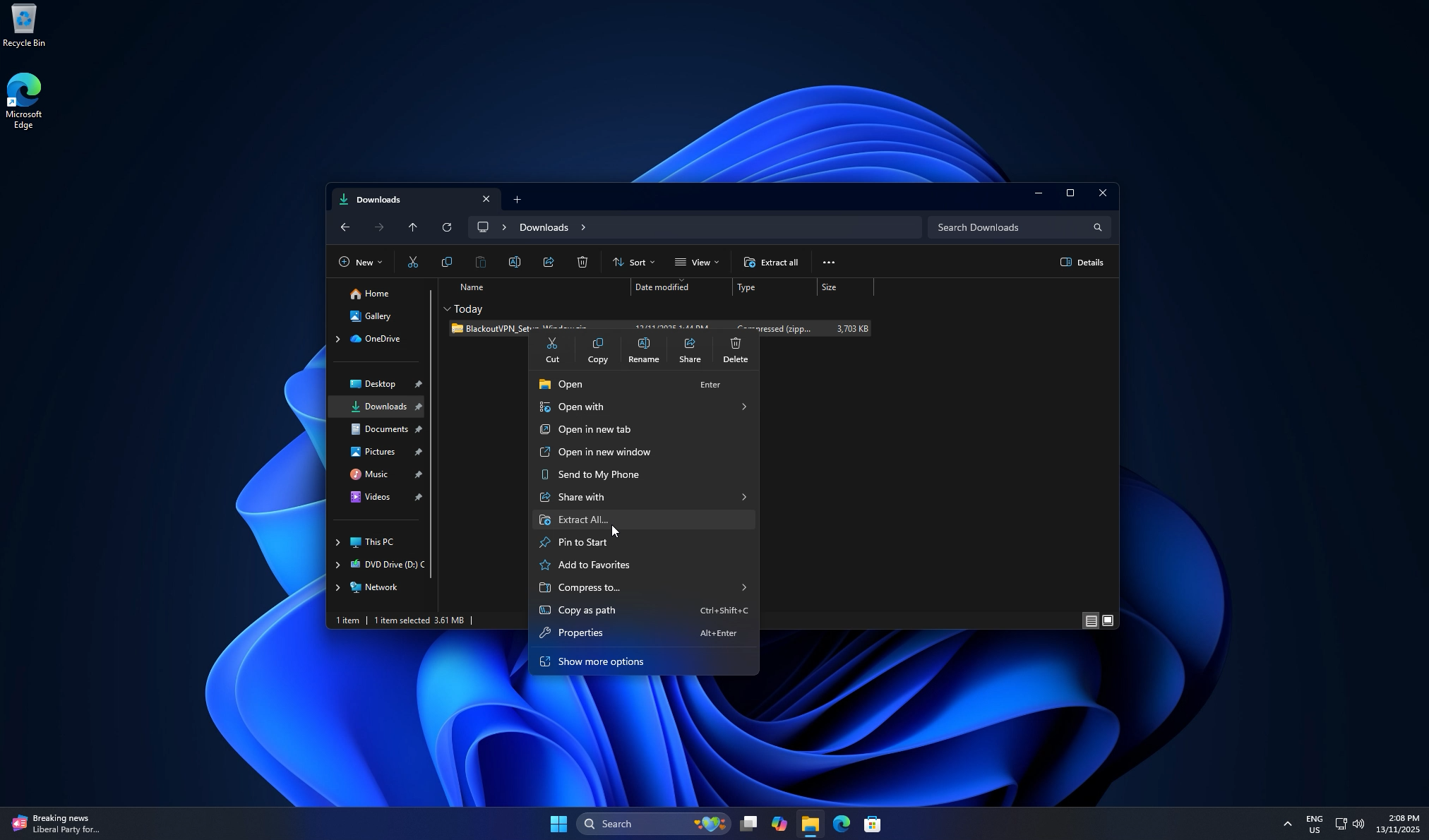 Using Extract All on the installer ZIP