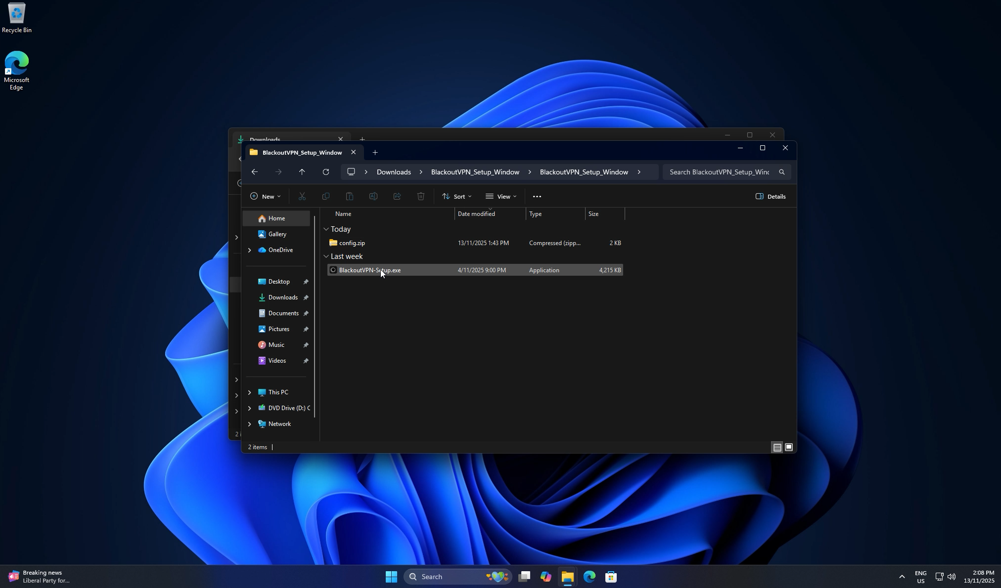 Extracted folder with installer EXE and config.zip