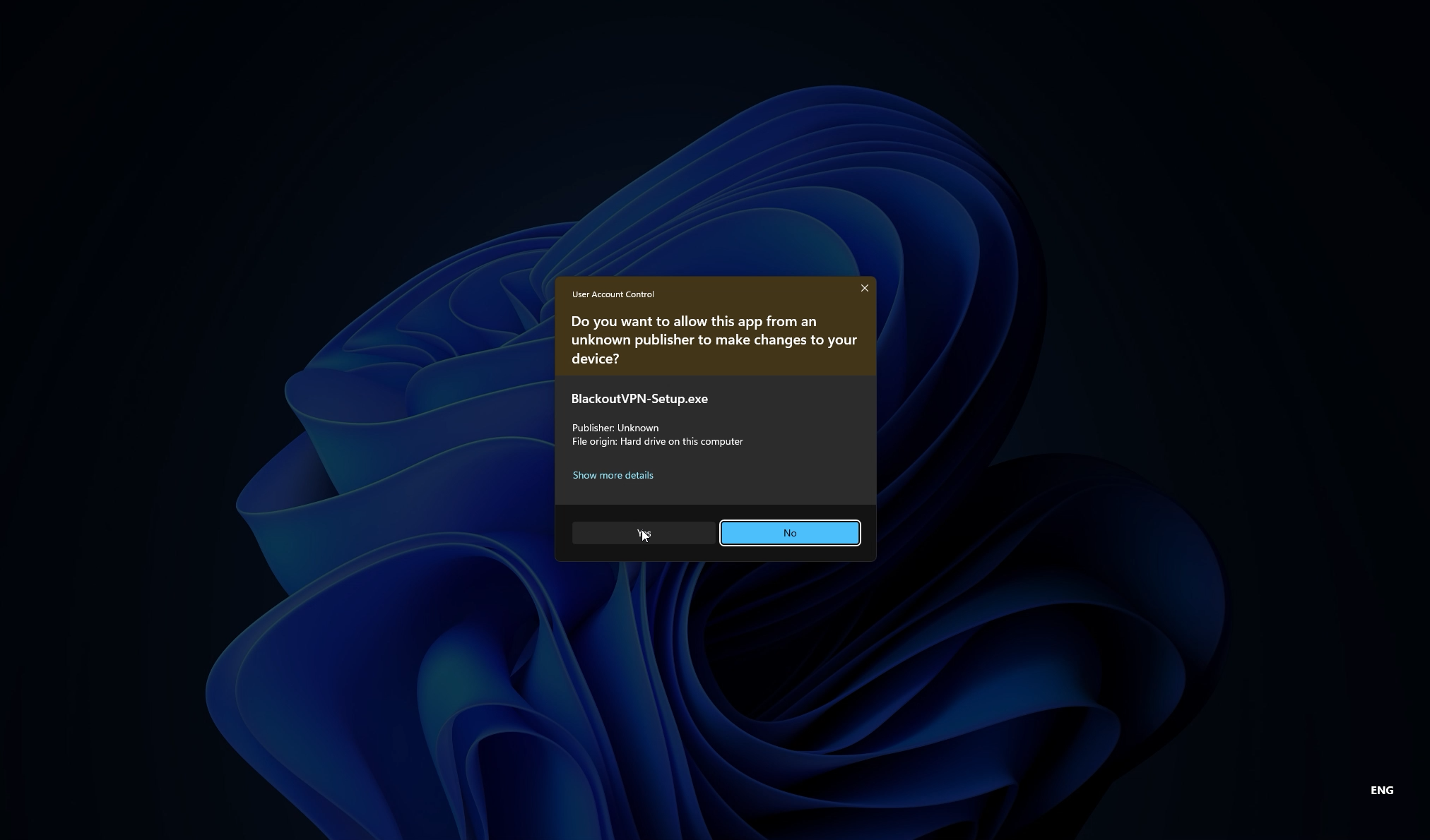 Windows User Account Control prompt for the Blackout VPN setup